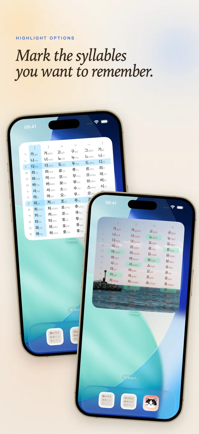 Hangul App Store image showing highlighted Korean letters